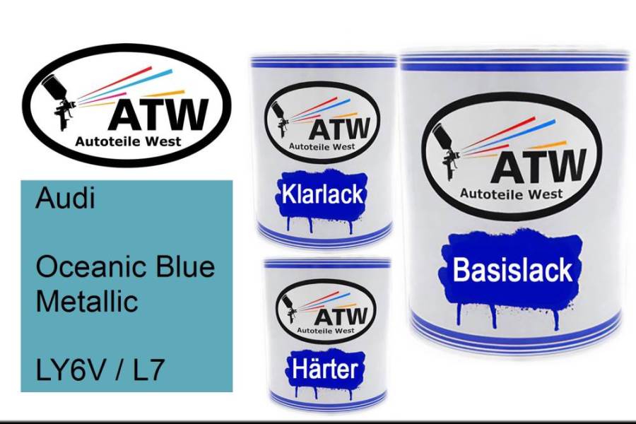 Audi, Oceanic Blue Metallic, LY6V / L7: 1L Lackdose + 1L Klarlack + 500ml Härter - Set, von ATW Autoteile West.